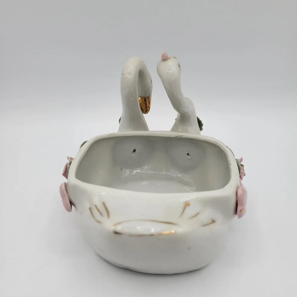 Vintage Double Swan China Trinket‎ Dish Vase With Flowers Collectible Home Decor